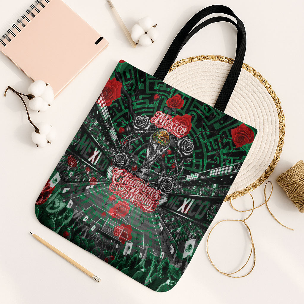 Mexico Football Golden Eagle Champions Tote Bag Aztec Geometric Pattern Red Rose