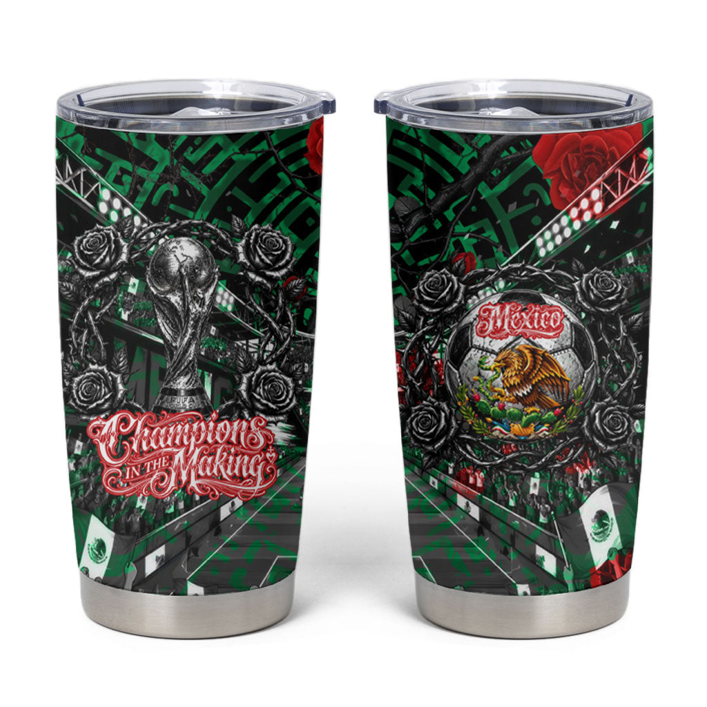 Mexico Football Golden Eagle Champions Tumbler Cup Aztec Geometric Pattern Red Rose
