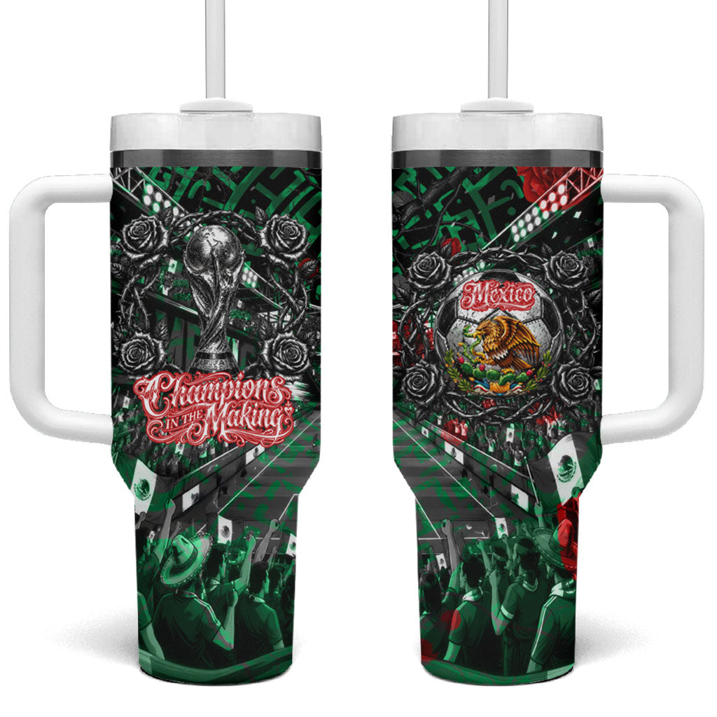 Mexico Football Golden Eagle Champions Tumbler With Handle Aztec Geometric Pattern Red Rose