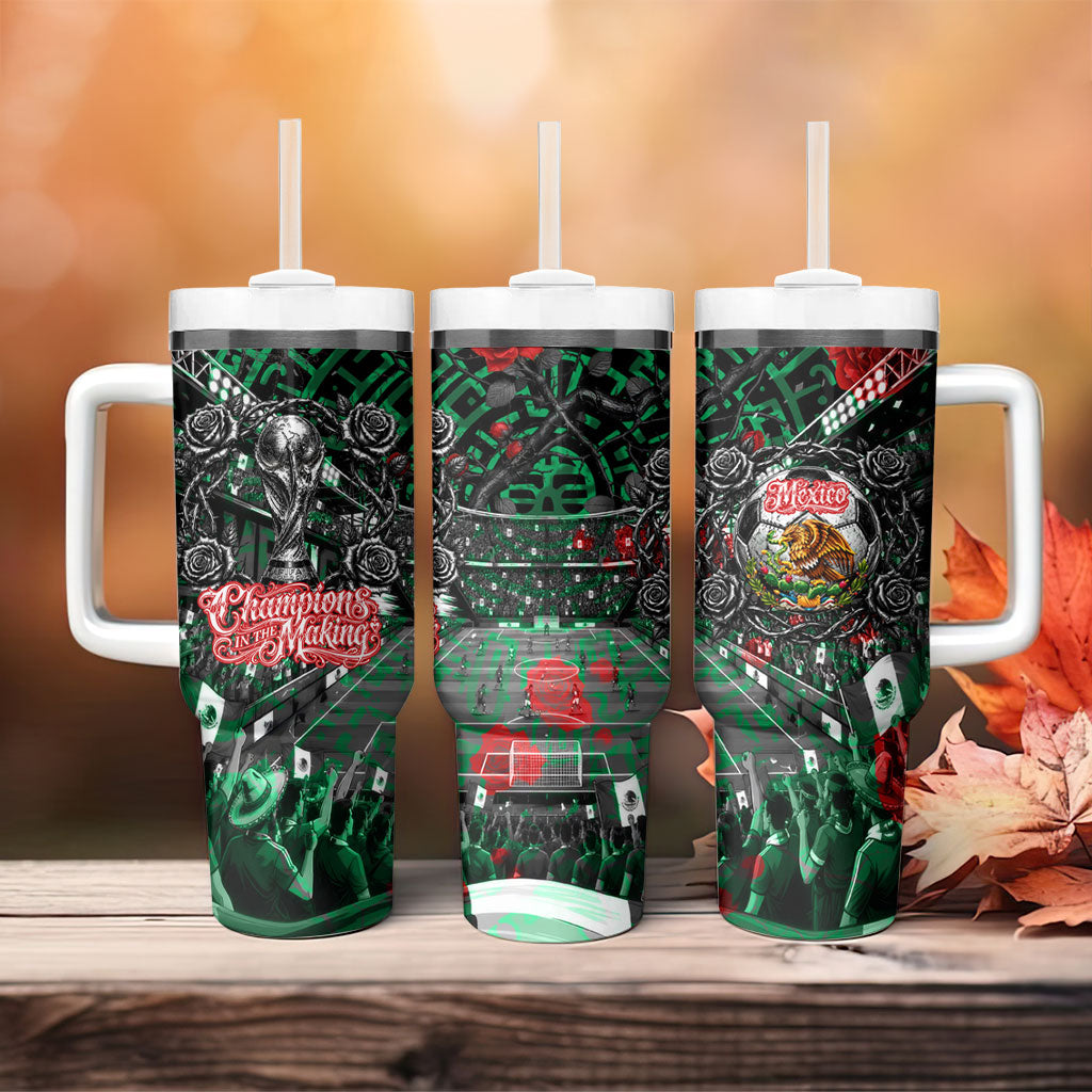 Mexico Football Golden Eagle Champions Tumbler With Handle Aztec Geometric Pattern Red Rose