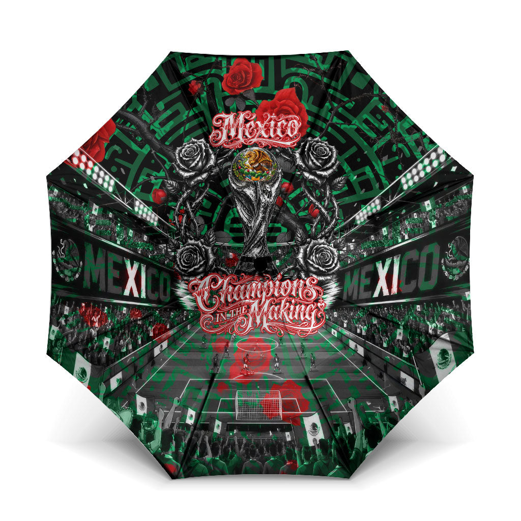 Mexico Football Golden Eagle Champions Umbrella Aztec Geometric Pattern Red Rose
