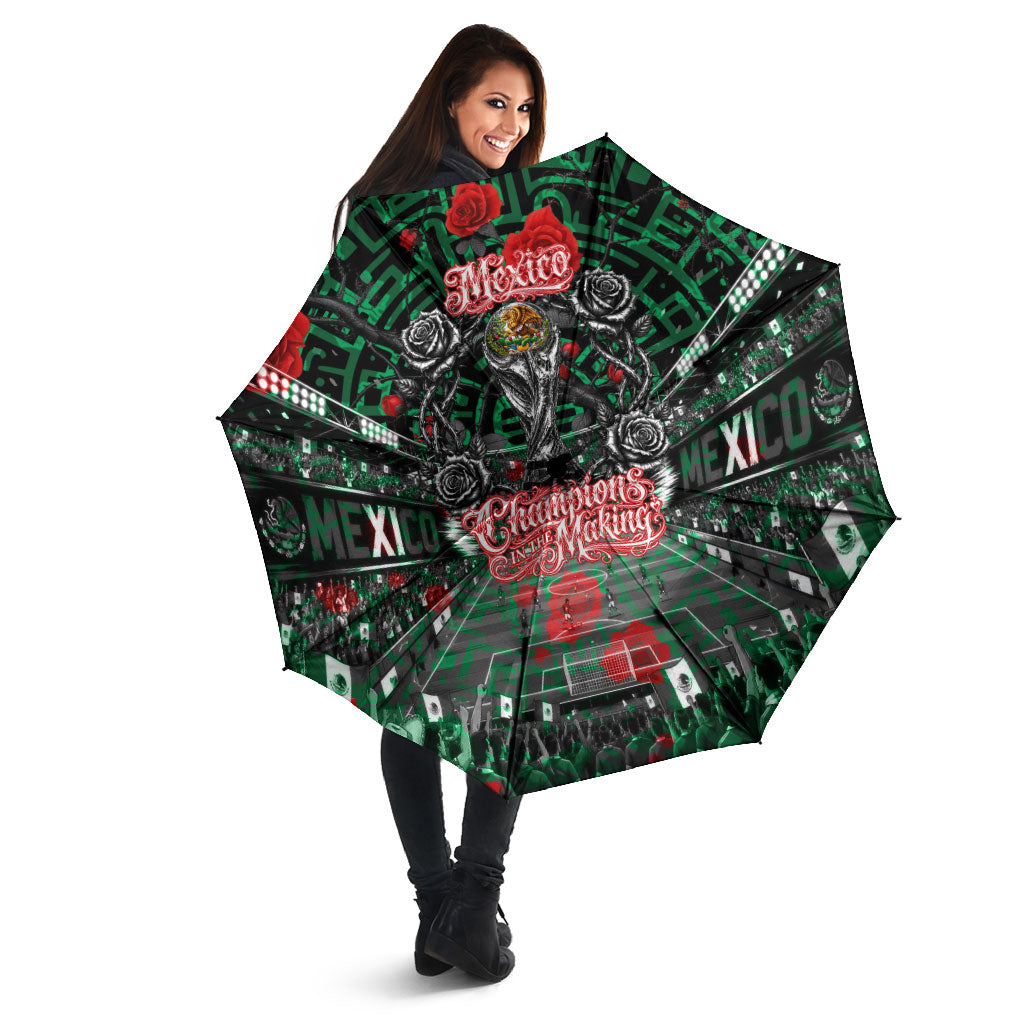 Mexico Football Golden Eagle Champions Umbrella Aztec Geometric Pattern Red Rose