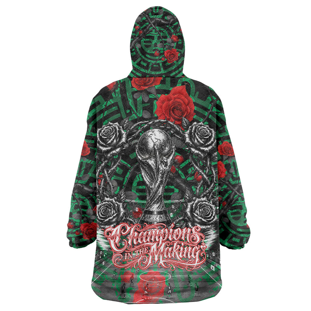 Mexico Football Golden Eagle Champions Wearable Blanket Hoodie Aztec Geometric Pattern Red Rose
