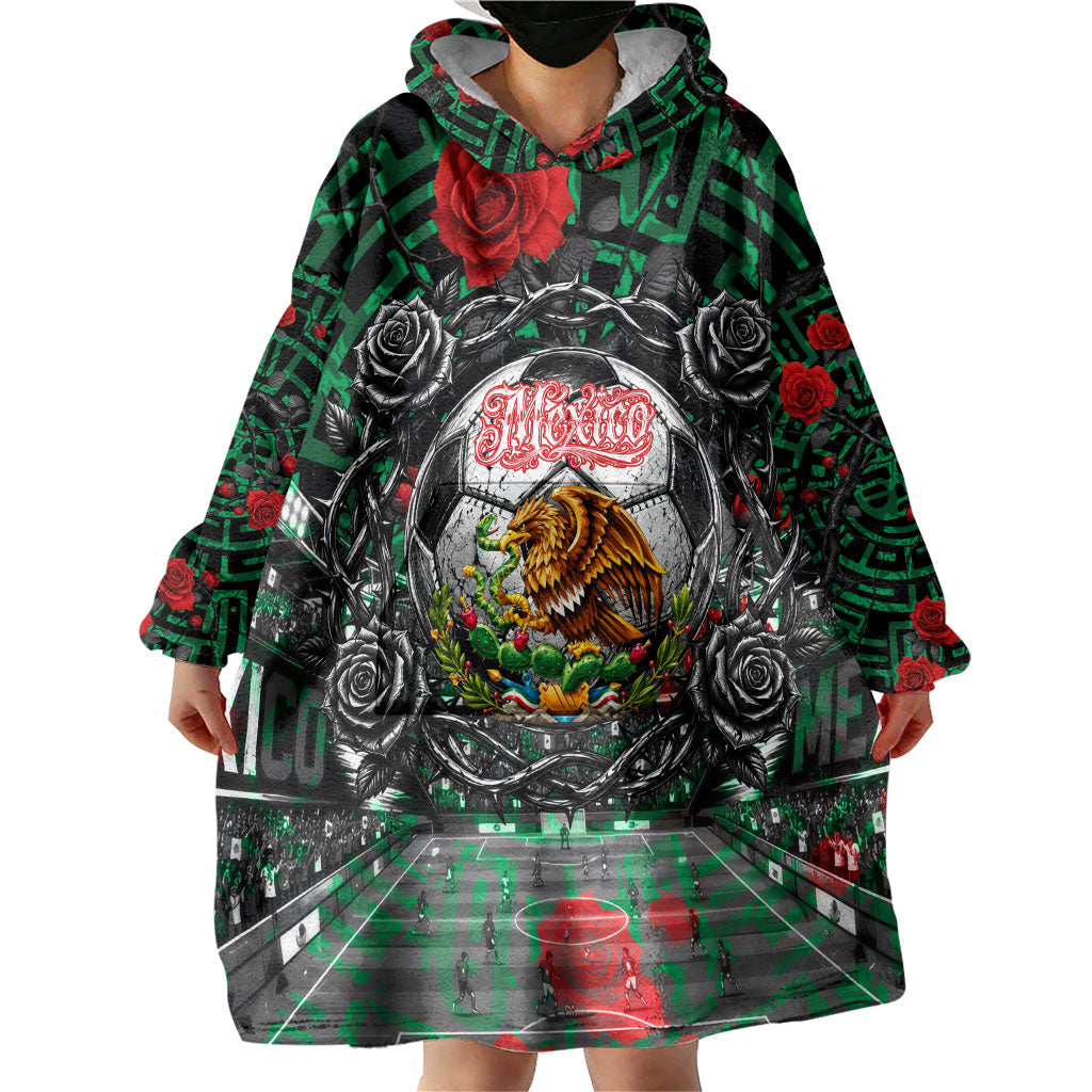 Mexico Football Golden Eagle Champions Wearable Blanket Hoodie Aztec Geometric Pattern Red Rose