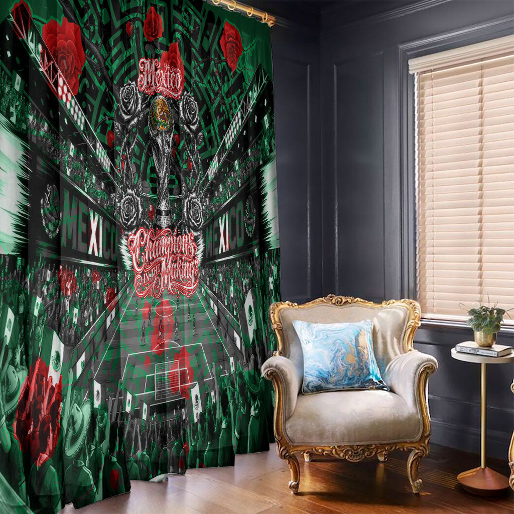 Mexico Football Golden Eagle Champions Window Curtain Aztec Geometric Pattern Red Rose
