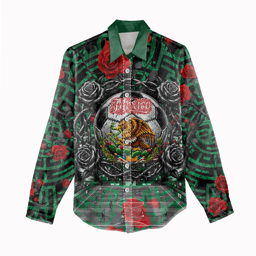 Mexico Football Golden Eagle Champions Women Casual Shirt Aztec Geometric Pattern Red Rose