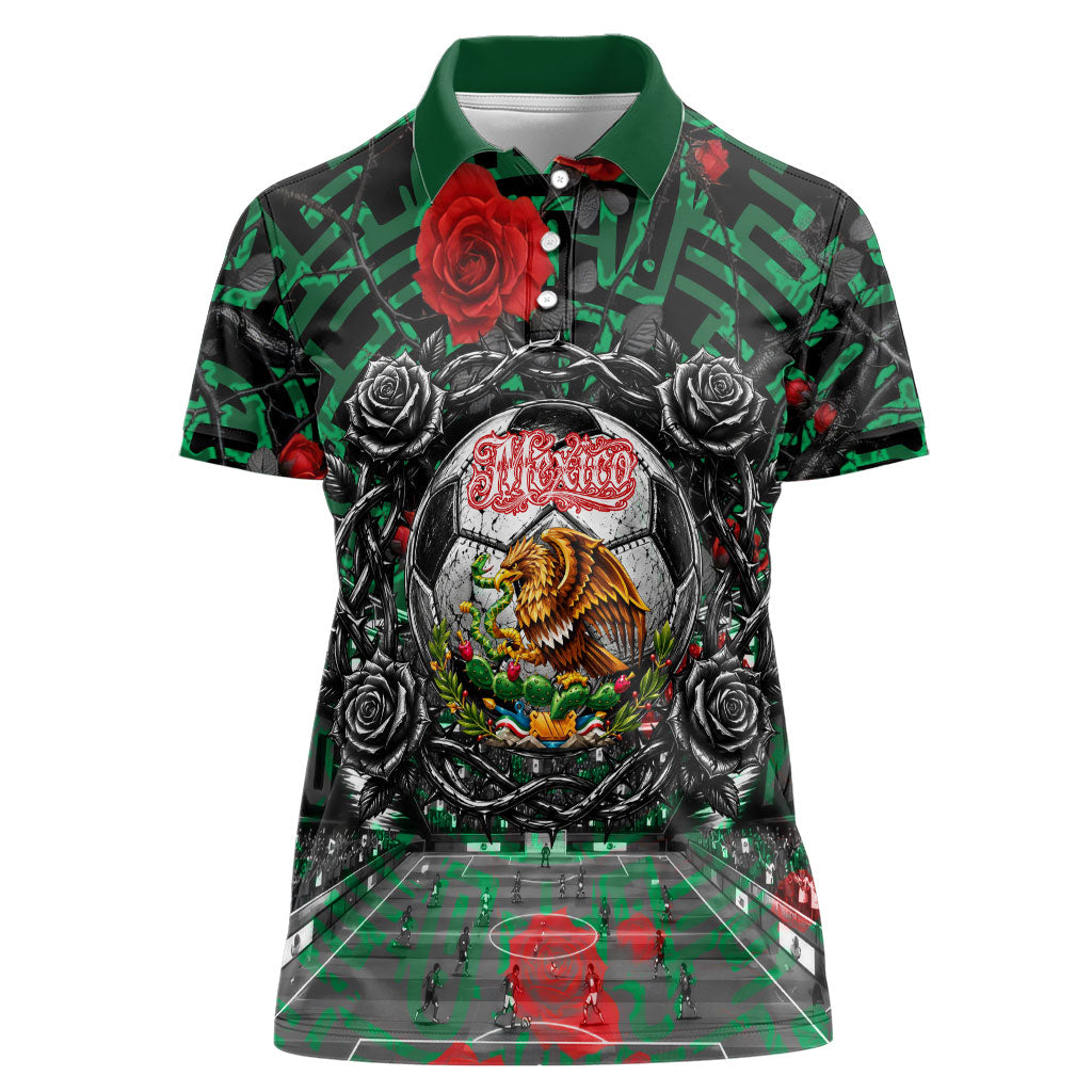 Mexico Football Golden Eagle Champions Women Polo Shirt Aztec Geometric Pattern Red Rose
