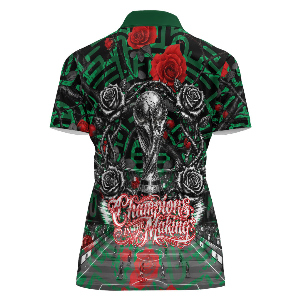 Mexico Football Golden Eagle Champions Women Polo Shirt Aztec Geometric Pattern Red Rose