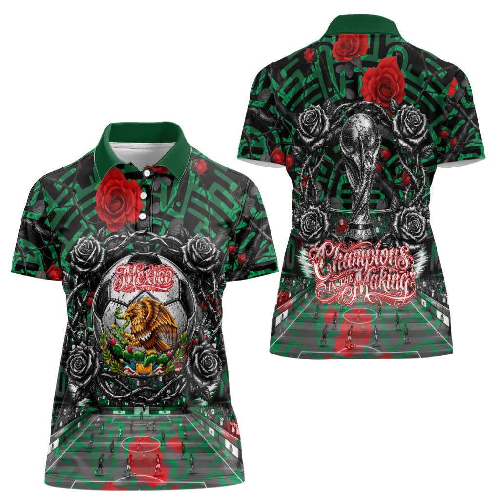 Mexico Football Golden Eagle Champions Women Polo Shirt Aztec Geometric Pattern Red Rose