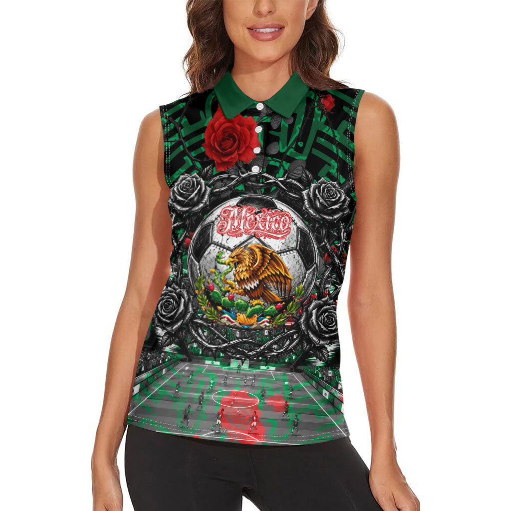 Mexico Football Golden Eagle Champions Women Sleeveless Polo Shirt Aztec Geometric Pattern Red Rose