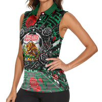 Mexico Football Golden Eagle Champions Women Sleeveless Polo Shirt Aztec Geometric Pattern Red Rose
