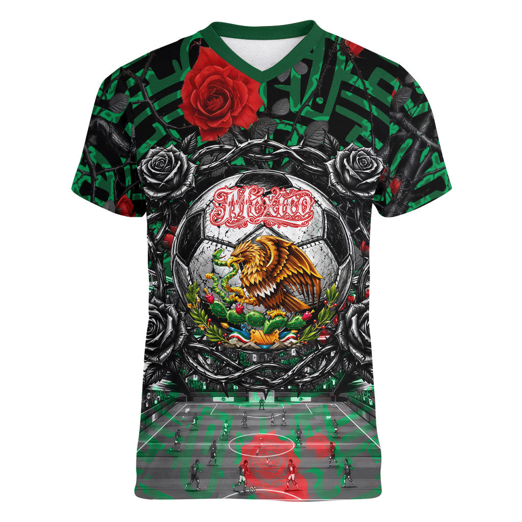 Mexico Football Golden Eagle Champions Women V-Neck T-Shirt Aztec Geometric Pattern Red Rose