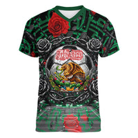Mexico Football Golden Eagle Champions Women V-Neck T-Shirt Aztec Geometric Pattern Red Rose