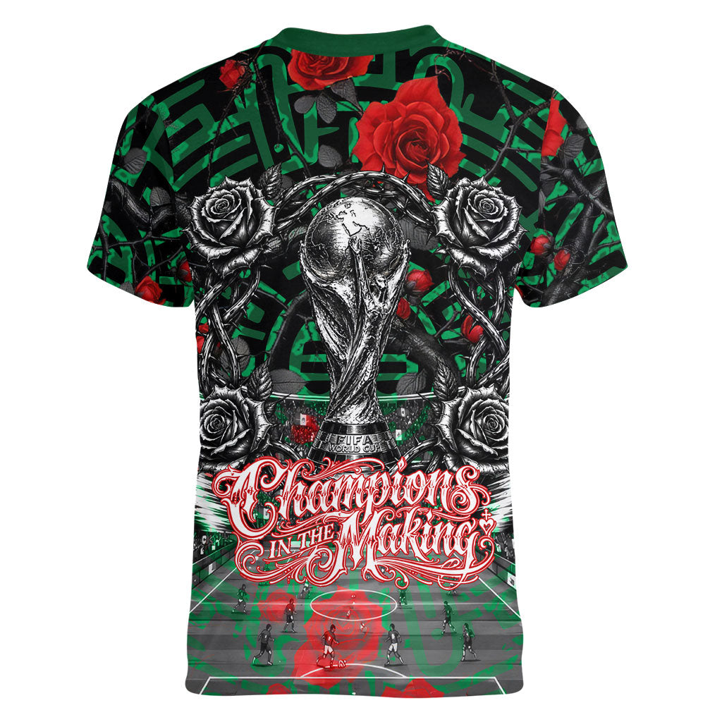 Mexico Football Golden Eagle Champions Women V-Neck T-Shirt Aztec Geometric Pattern Red Rose
