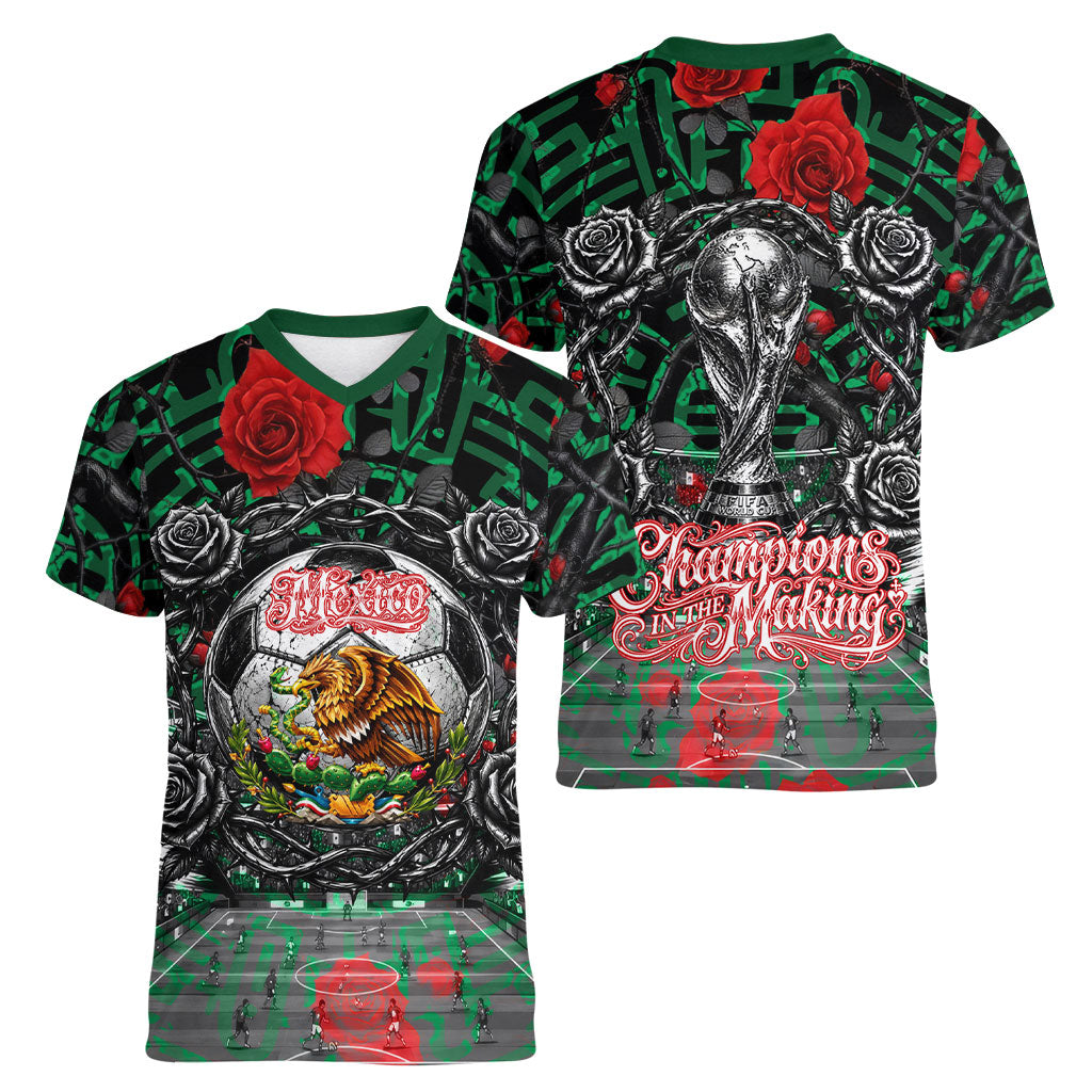 Mexico Football Golden Eagle Champions Women V-Neck T-Shirt Aztec Geometric Pattern Red Rose