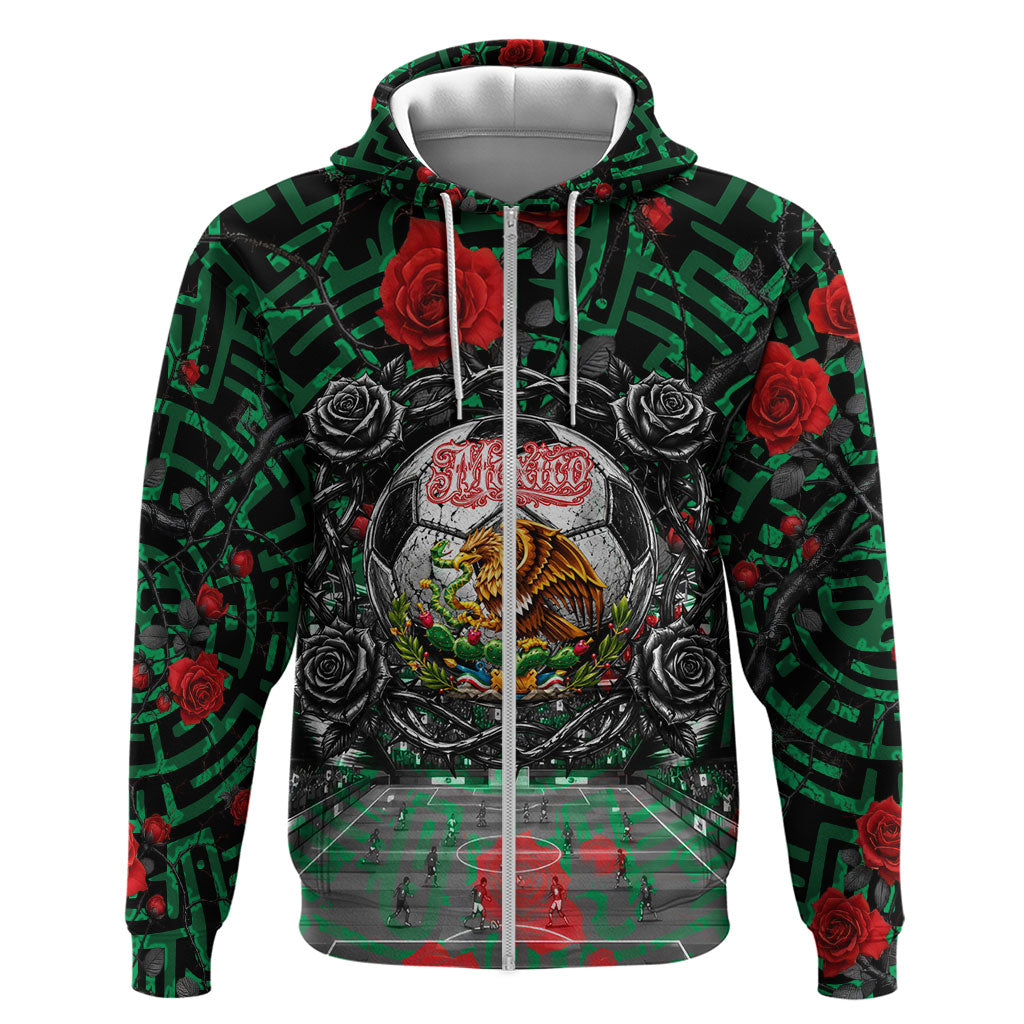 Mexico Football Golden Eagle Champions Zip Hoodie Aztec Geometric Pattern Red Rose