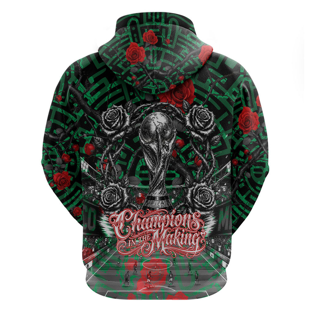 Mexico Football Golden Eagle Champions Zip Hoodie Aztec Geometric Pattern Red Rose