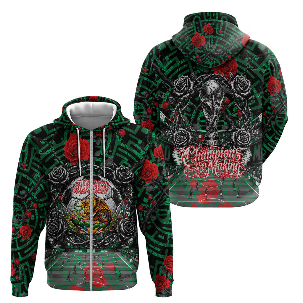Mexico Football Golden Eagle Champions Zip Hoodie Aztec Geometric Pattern Red Rose