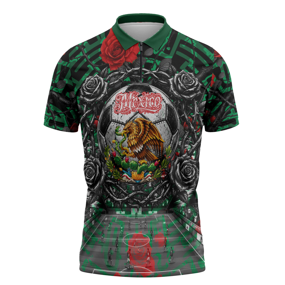 Mexico Football Golden Eagle Champions Zipper Polo Shirt Aztec Geometric Pattern Red Rose