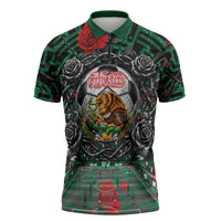 Mexico Football Golden Eagle Champions Zipper Polo Shirt Aztec Geometric Pattern Red Rose