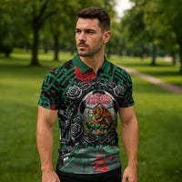 Mexico Football Golden Eagle Champions Zipper Polo Shirt Aztec Geometric Pattern Red Rose
