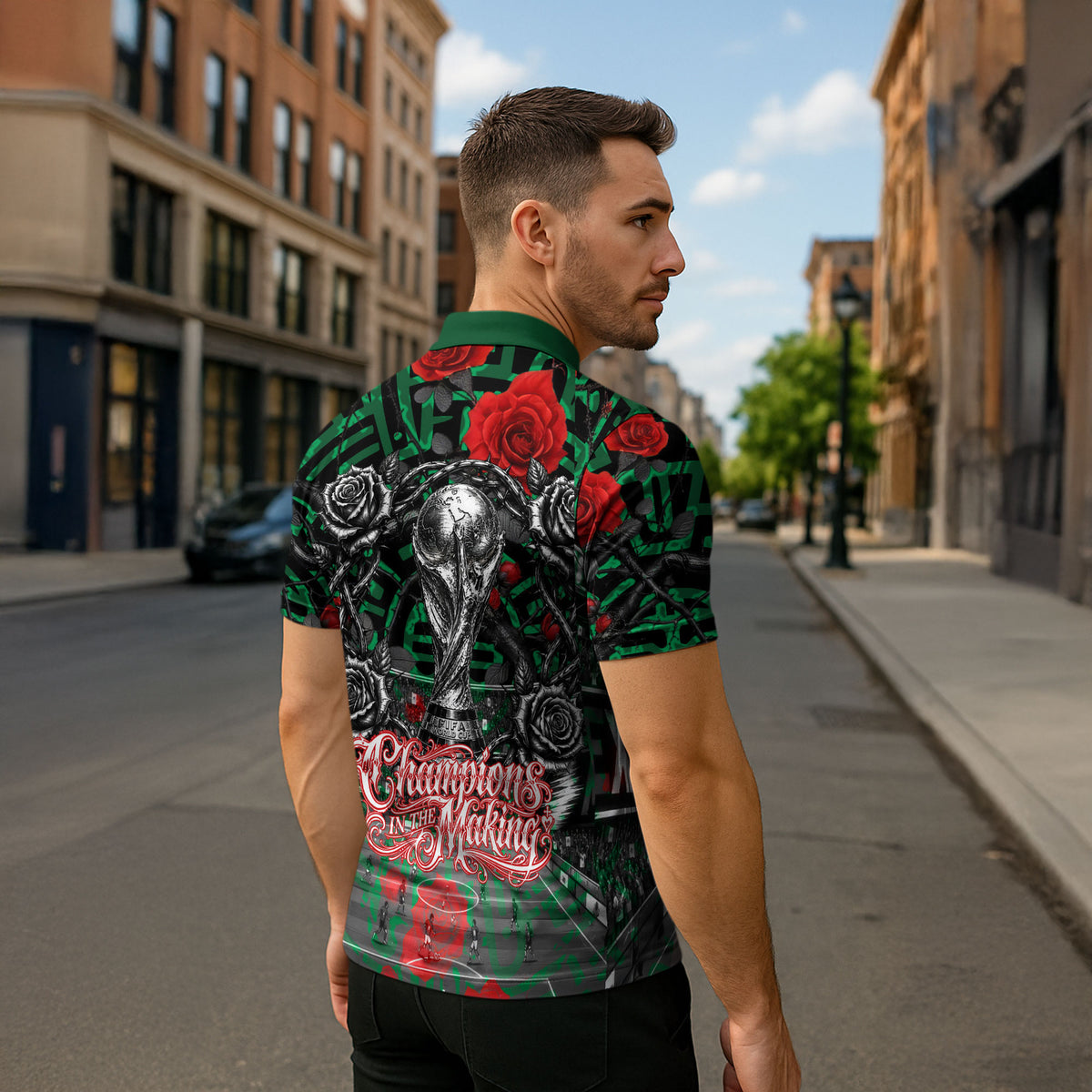 Mexico Football Golden Eagle Champions Zipper Polo Shirt Aztec Geometric Pattern Red Rose