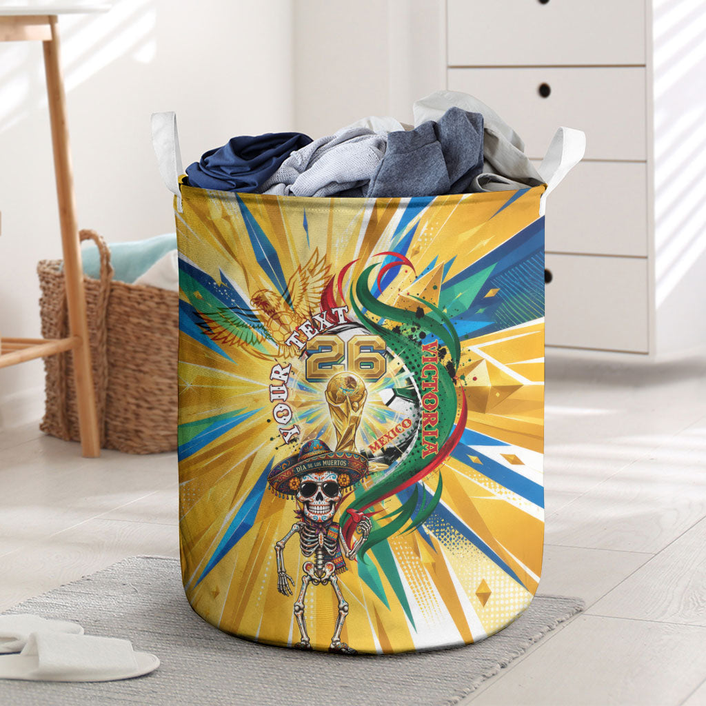 Personalized Mexico Football Victoria Sugar Skull Laundry Basket Dia De Los Muertos Cultural Art Sunburst