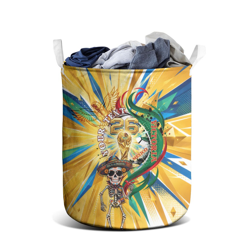 Personalized Mexico Football Victoria Sugar Skull Laundry Basket Dia De Los Muertos Cultural Art Sunburst