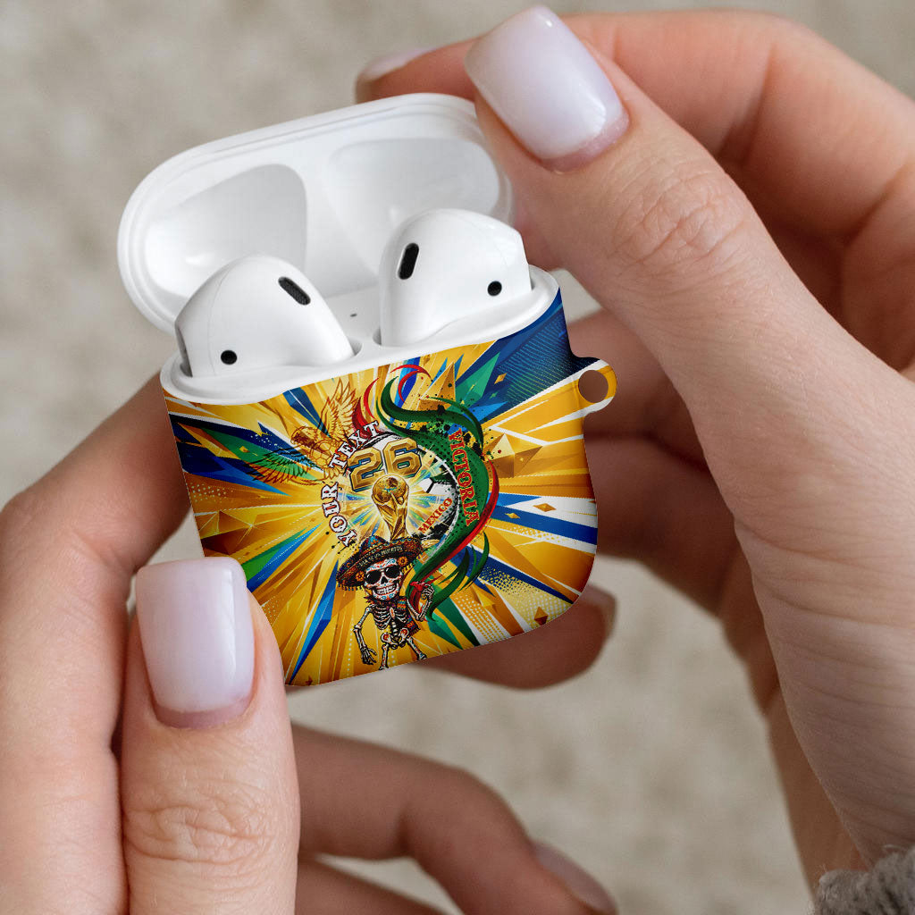 Personalized Mexico Football Victoria Sugar Skull AirPods Case Dia De Los Muertos Cultural Art Sunburst