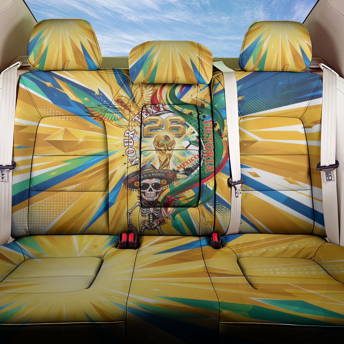Personalized Mexico Football Victoria Sugar Skull Back Car Seat Cover Dia De Los Muertos Cultural Art Sunburst