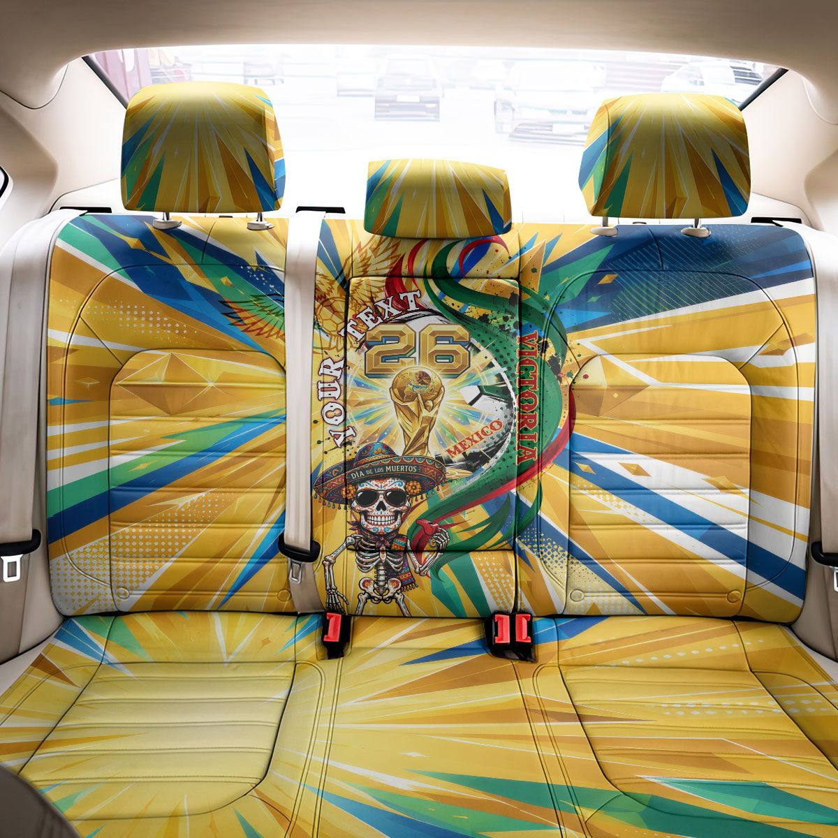 Personalized Mexico Football Victoria Sugar Skull Back Car Seat Cover Dia De Los Muertos Cultural Art Sunburst