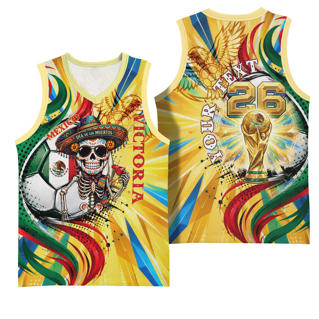 Personalized Mexico Football Victoria Sugar Skull Basketball Jersey Dia De Los Muertos Cultural Art Sunburst