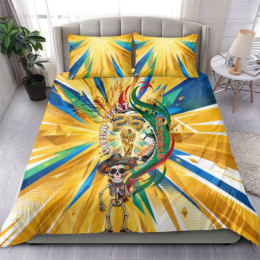 Personalized Mexico Football Victoria Sugar Skull Bedding Set Dia De Los Muertos Cultural Art Sunburst
