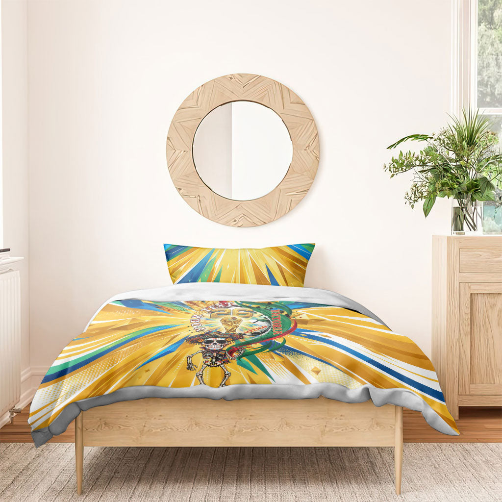 Personalized Mexico Football Victoria Sugar Skull Bedding Set Dia De Los Muertos Cultural Art Sunburst