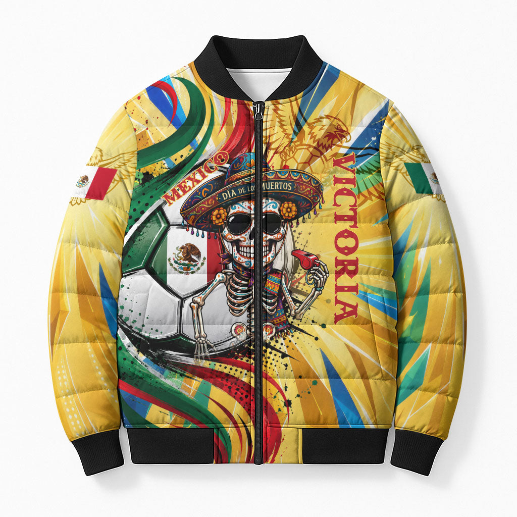 Personalized Mexico Football Victoria Sugar Skull Bomber Puffer Jacket Dia De Los Muertos Cultural Art Sunburst