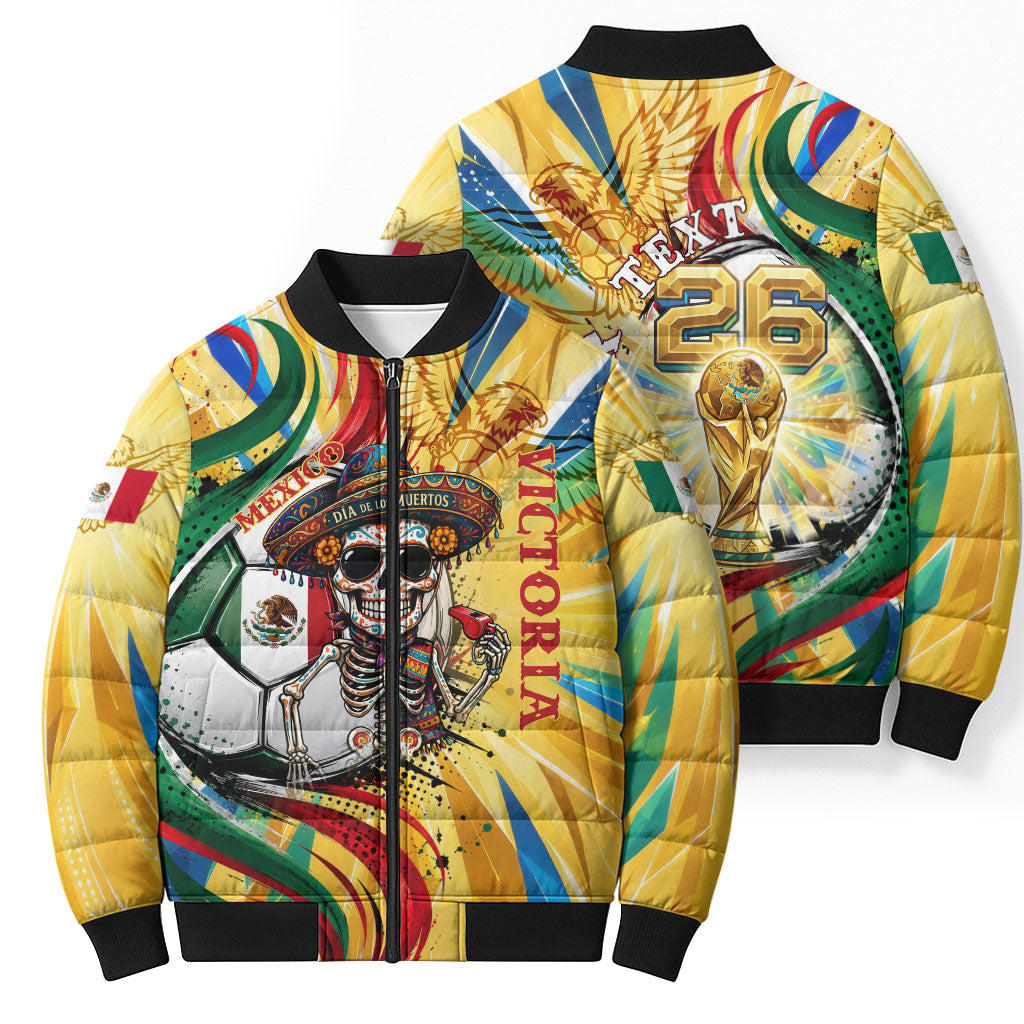 Personalized Mexico Football Victoria Sugar Skull Bomber Puffer Jacket Dia De Los Muertos Cultural Art Sunburst