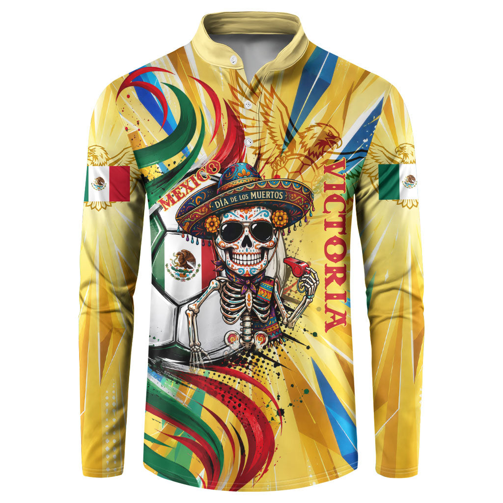 Personalized Mexico Football Victoria Sugar Skull Button Sweatshirt Dia De Los Muertos Cultural Art Sunburst