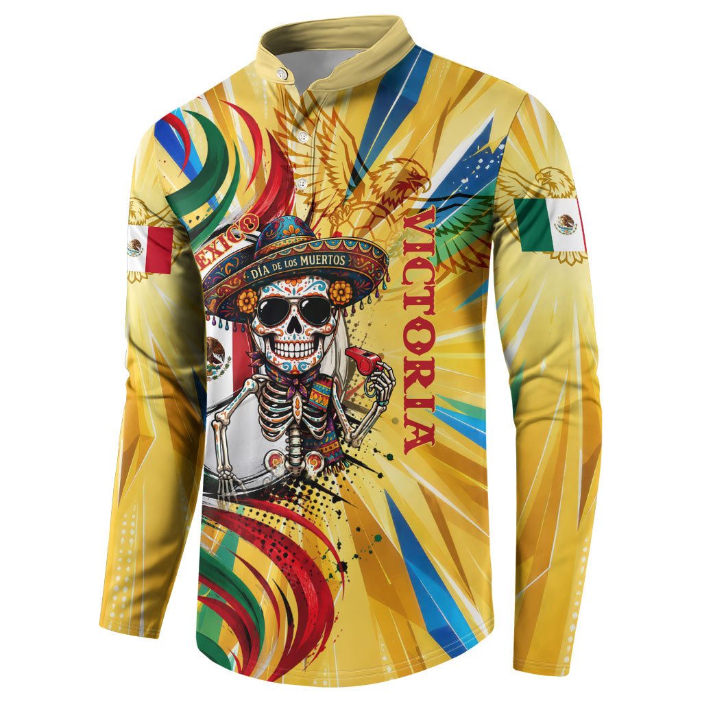 Personalized Mexico Football Victoria Sugar Skull Button Sweatshirt Dia De Los Muertos Cultural Art Sunburst