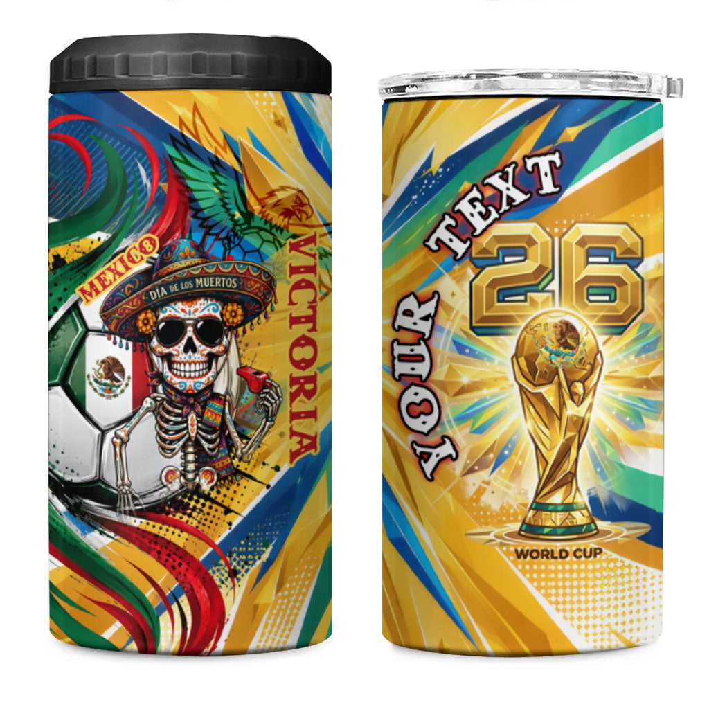 Personalized Mexico Football Victoria Sugar Skull 4 in 1 Can Cooler Tumbler Dia De Los Muertos Cultural Art Sunburst