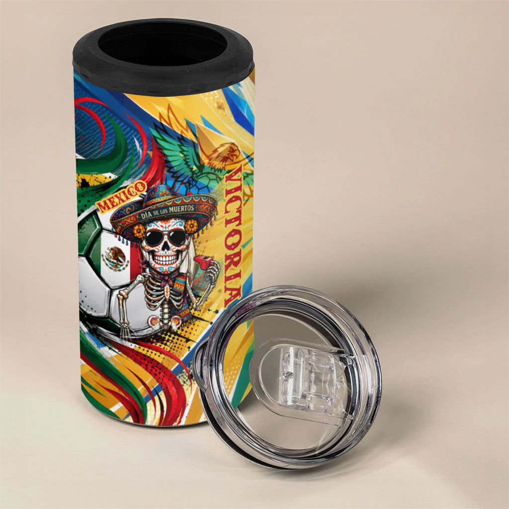 Personalized Mexico Football Victoria Sugar Skull 4 in 1 Can Cooler Tumbler Dia De Los Muertos Cultural Art Sunburst