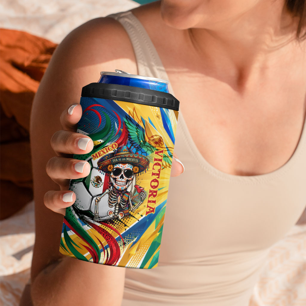 Personalized Mexico Football Victoria Sugar Skull 4 in 1 Can Cooler Tumbler Dia De Los Muertos Cultural Art Sunburst