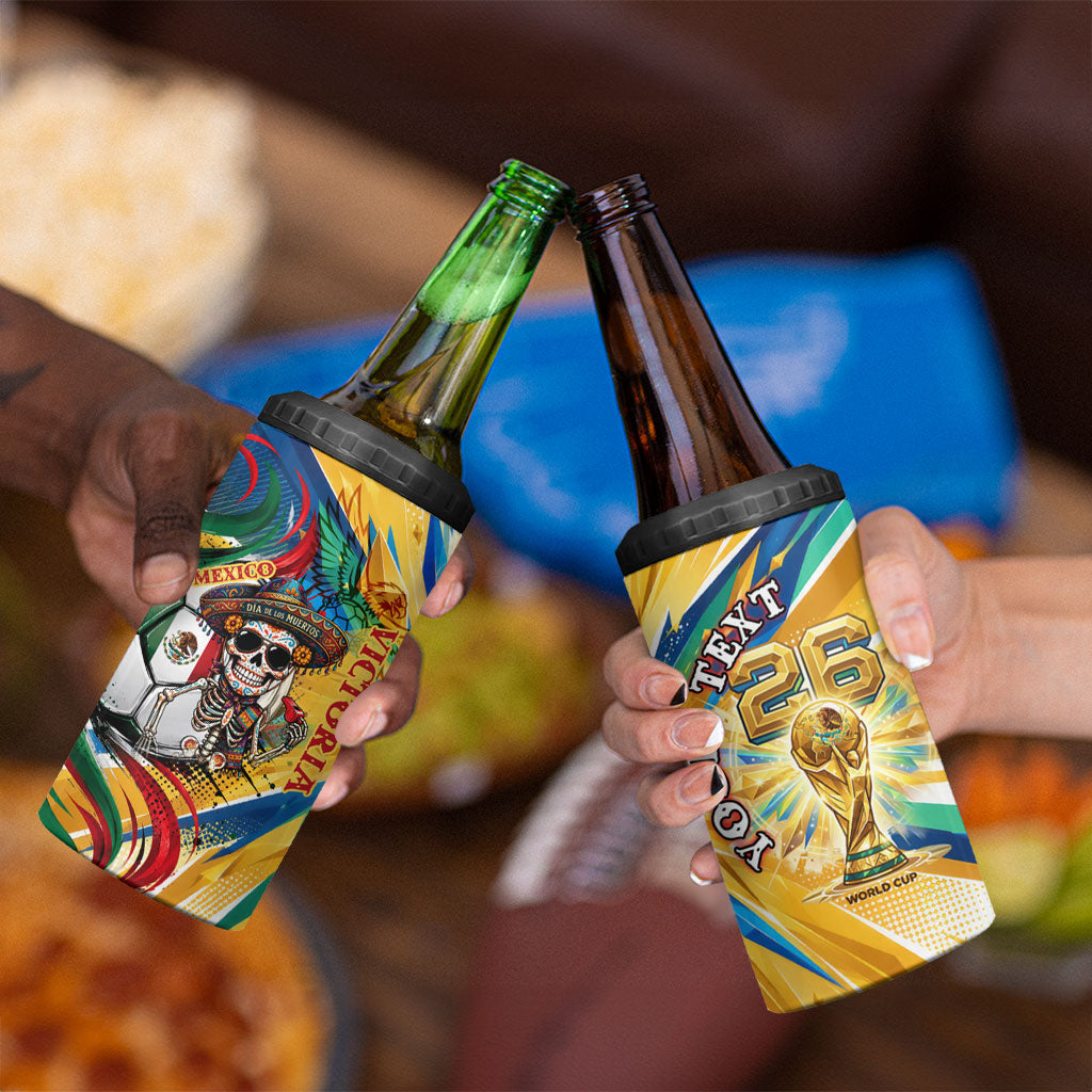 Personalized Mexico Football Victoria Sugar Skull 4 in 1 Can Cooler Tumbler Dia De Los Muertos Cultural Art Sunburst