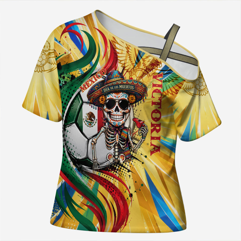Personalized Mexico Football Victoria Sugar Skull Cross Shoulder Shirt Dia De Los Muertos Cultural Art Sunburst