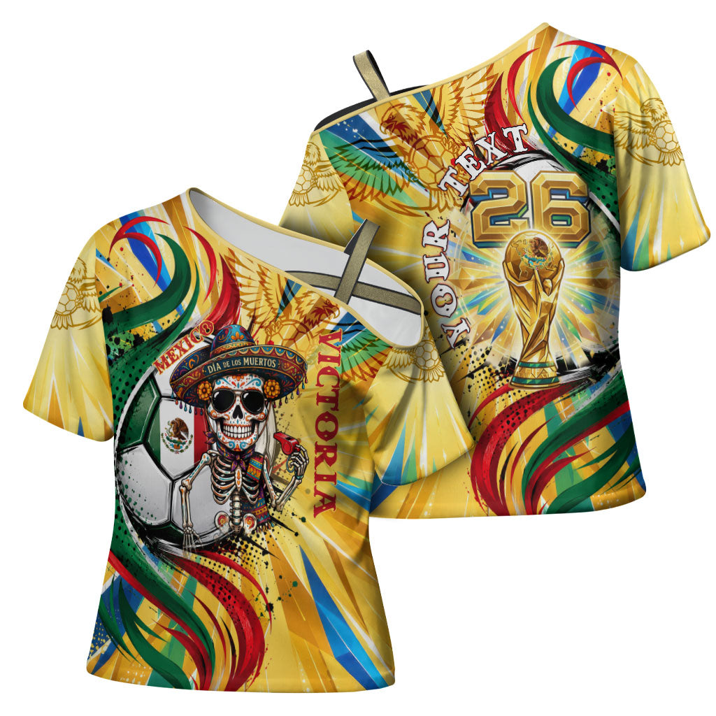 Personalized Mexico Football Victoria Sugar Skull Cross Shoulder Shirt Dia De Los Muertos Cultural Art Sunburst