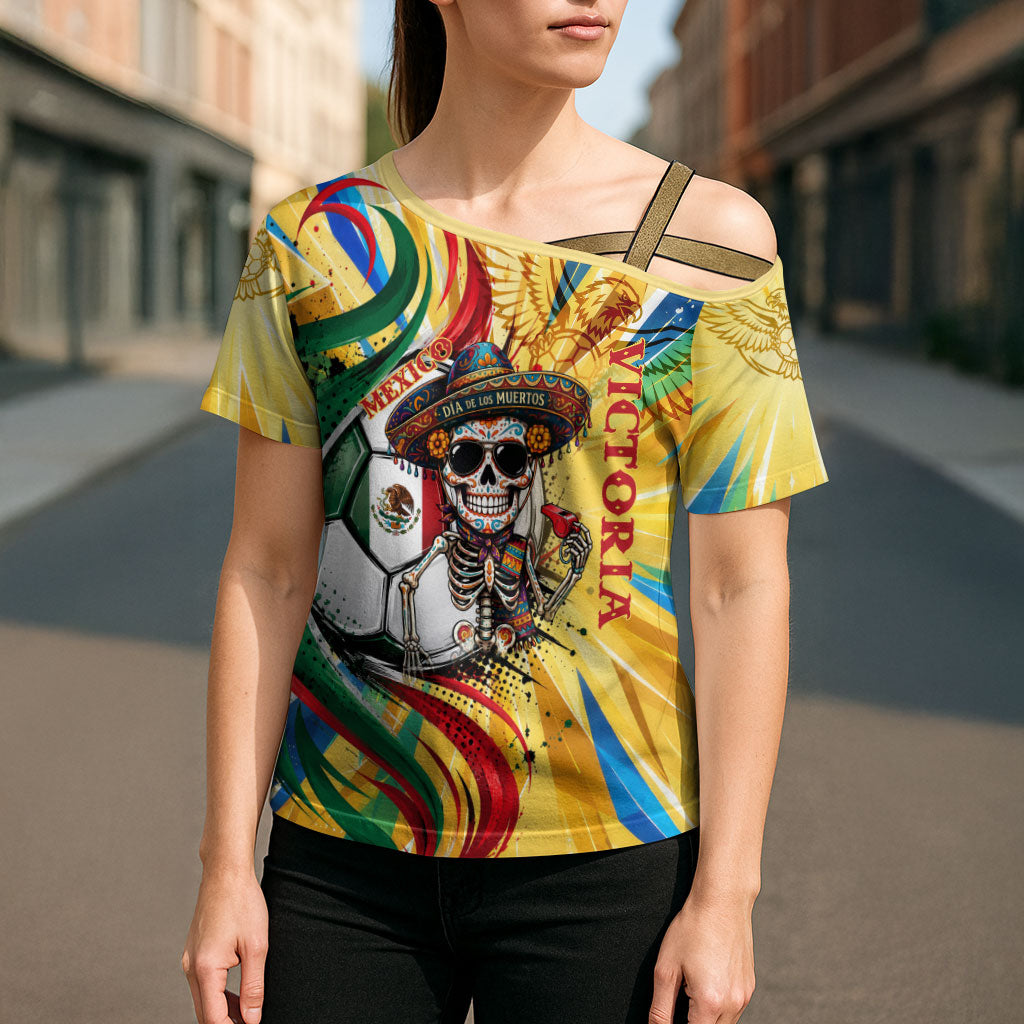 Personalized Mexico Football Victoria Sugar Skull Cross Shoulder Shirt Dia De Los Muertos Cultural Art Sunburst