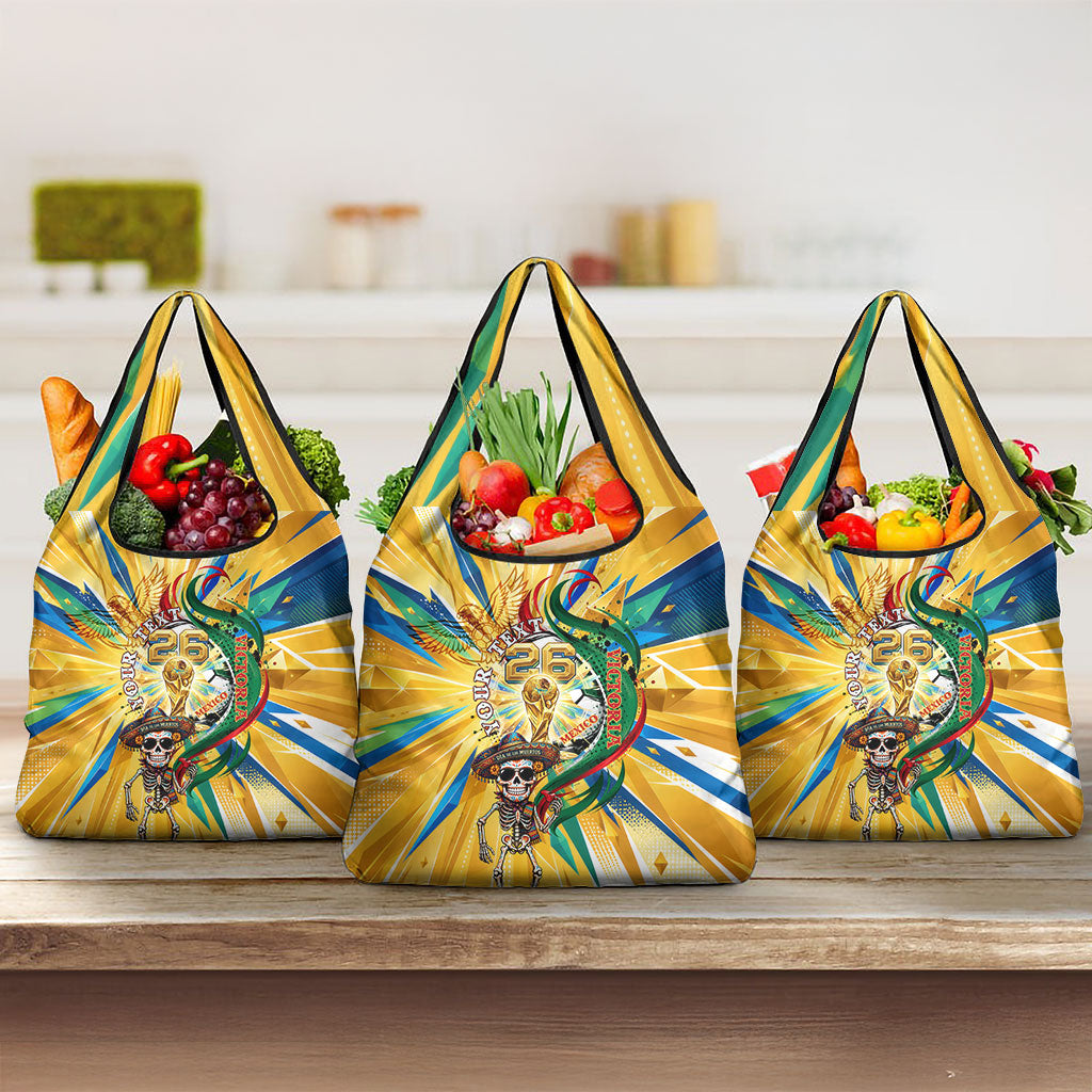 Personalized Mexico Football Victoria Sugar Skull Grocery Bag Dia De Los Muertos Cultural Art Sunburst