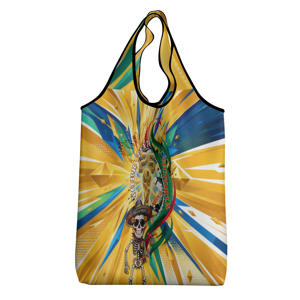 Personalized Mexico Football Victoria Sugar Skull Grocery Bag Dia De Los Muertos Cultural Art Sunburst