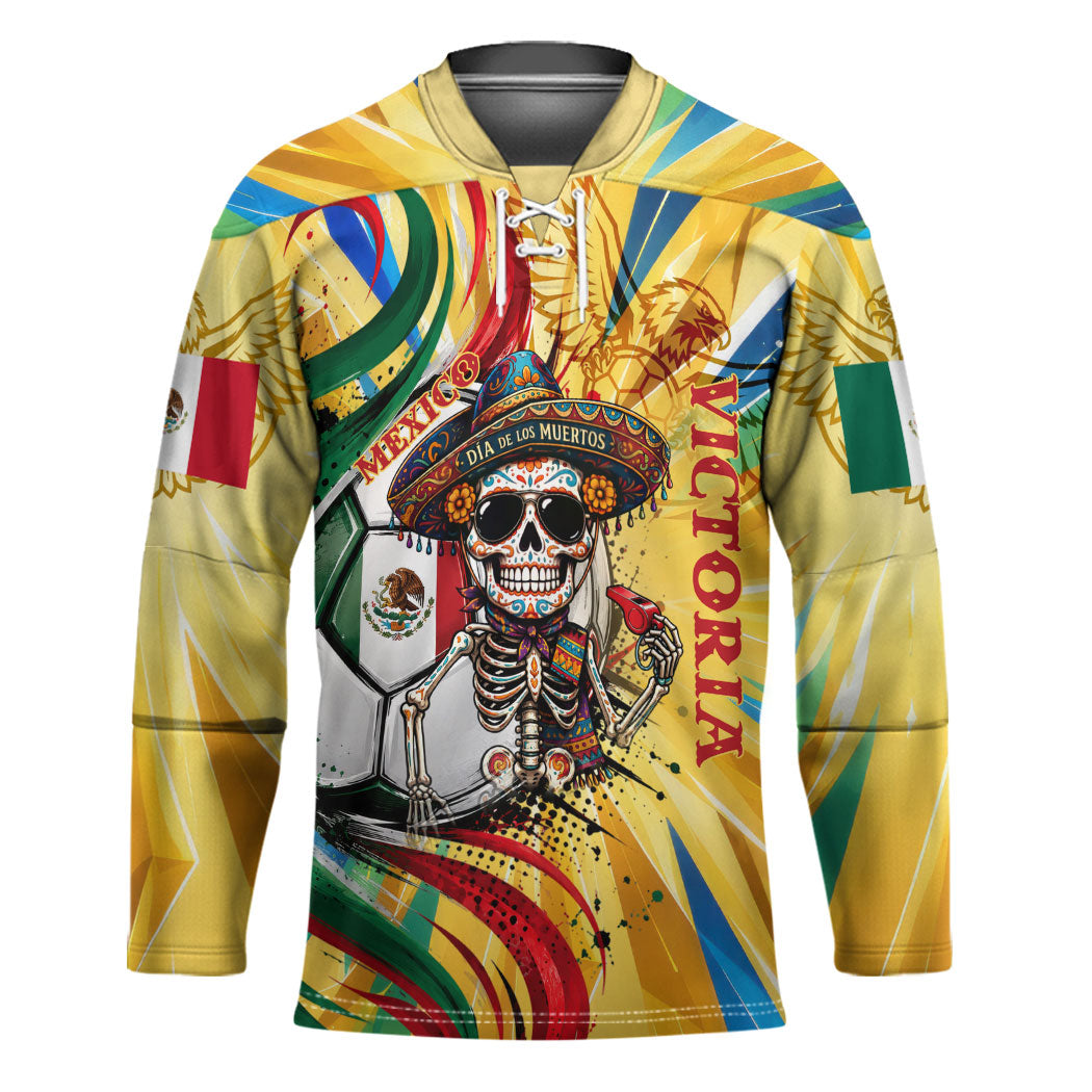 Personalized Mexico Football Victoria Sugar Skull Hockey Jersey Dia De Los Muertos Cultural Art Sunburst