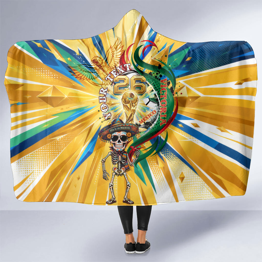 Personalized Mexico Football Victoria Sugar Skull Hooded Blanket Dia De Los Muertos Cultural Art Sunburst