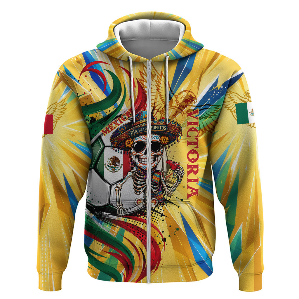 Personalized Mexico Football Victoria Sugar Skull Hoodie Dia De Los Muertos Cultural Art Sunburst